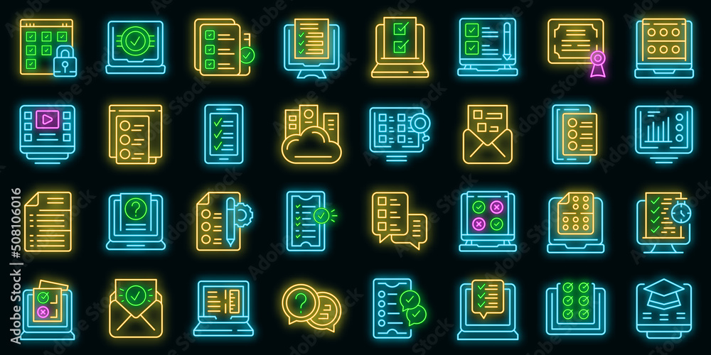 Poster online exam icons set outline vector. study class. exam test vector neon