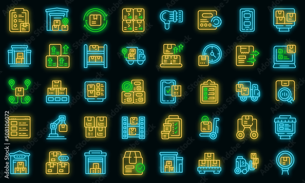 Poster inventory optimization icons set outline vector. location management. delivery shipment vector neon