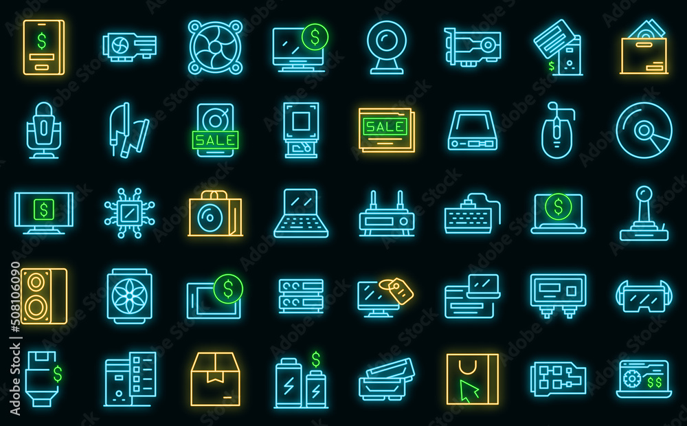Poster computer store icons set outline vector. online store. web marketplace vector neon