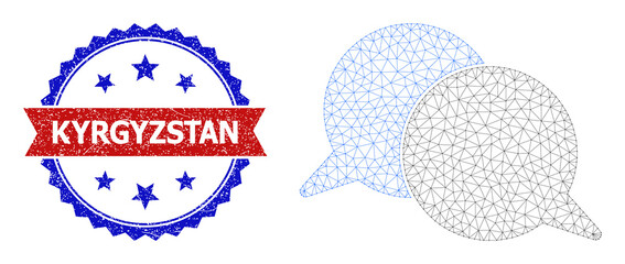 Net mesh talking messages polygonal frame illustration, and bicolor scratched Kyrgyzstan seal stamp. Red stamp seal has Kyrgyzstan title inside ribbon and blue rosette.