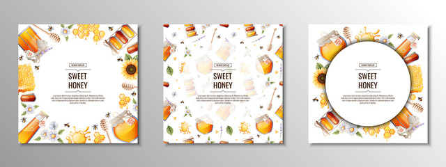 Set of square cards, flyers, banners with honey products. Honey jar, honeycomb, bee, sunflower.