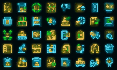 Inventory optimization icons set outline vector. Location management. Delivery shipment vector neon