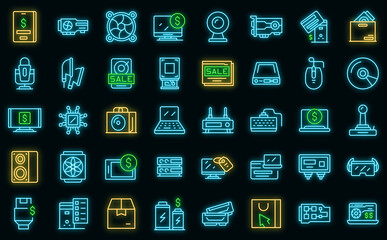 Computer store icons set outline vector. Online store. Web marketplace vector neon