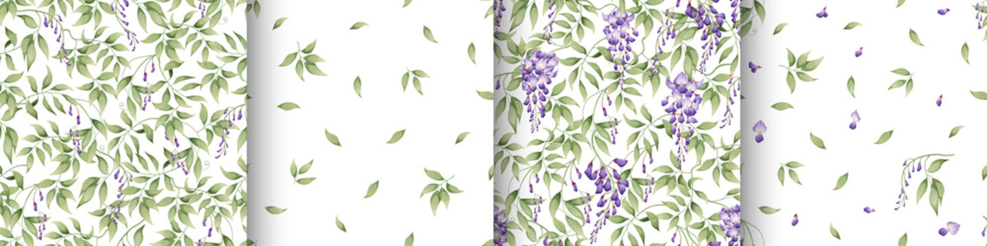 Set of seamless patterns with purple wisteria and green leaves on a white background. Texture in Asian style. Suitable for fabric, paper, textile, wallpaper