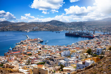 Fototapeta na wymiar Elevated, panoramic view of Ermoupoli, capital city of the Cyclades islands, Syros, Greece, on a sunny summer day
