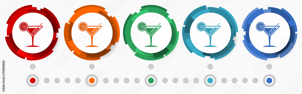 Leinwandbilder Drink, alcohol concept vector icon set,  modern design abstract web buttons in 5 color options, infographic template for webdesign and mobile apps