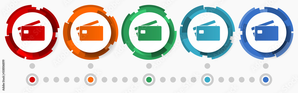 Aufkleber Credit card, business concept vector icon set, modern design abstract web buttons in 5 color options, infographic template for webdesign and mobile apps
