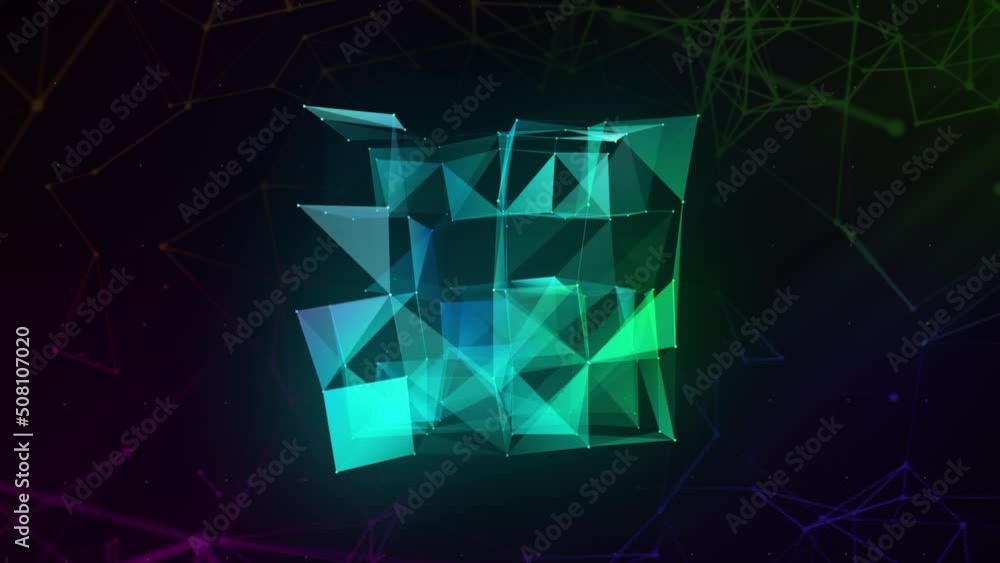 Poster bright neon square.motion.a large geometric figure in animation that rotates and glows with differen