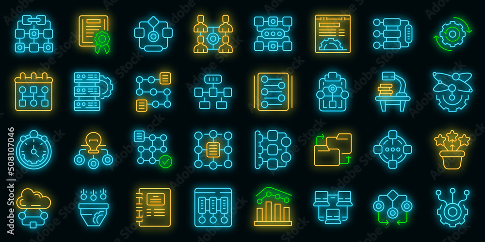 Poster workflow icons set outline vector. sitemap plan. hierarchy network vector neon