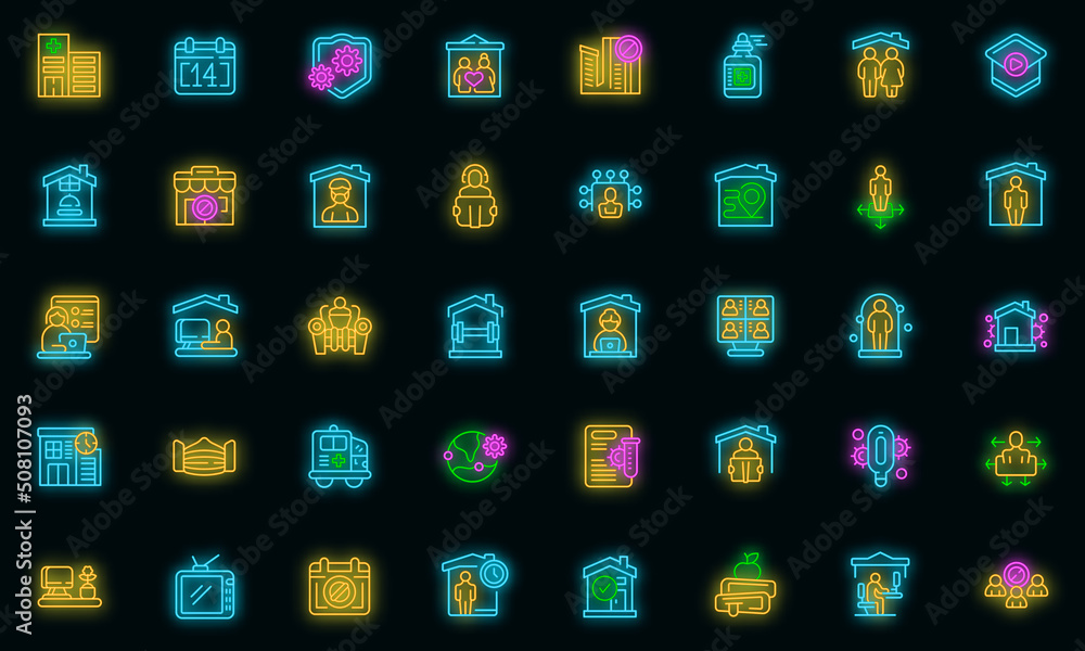 Poster self isolation icons set outline vector. home house. work safe vector neon