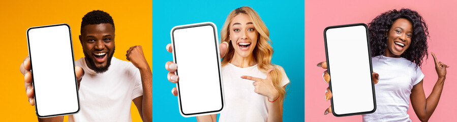 Positive multiracial millennials holding smartphones with white screens, collage, mockup