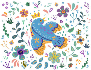 Blue bird in a crown with folk flower elements. Hand drawn illustration.