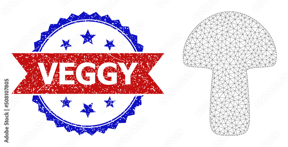 Poster mesh net mushroom polygonal frame icon, and bicolor dirty veggy seal stamp. red stamp has veggy text