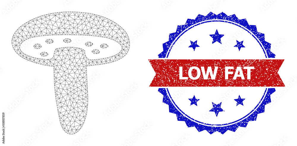 Poster network mushroom polygonal frame icon, and bicolor textured low fat seal stamp. red seal has low fat