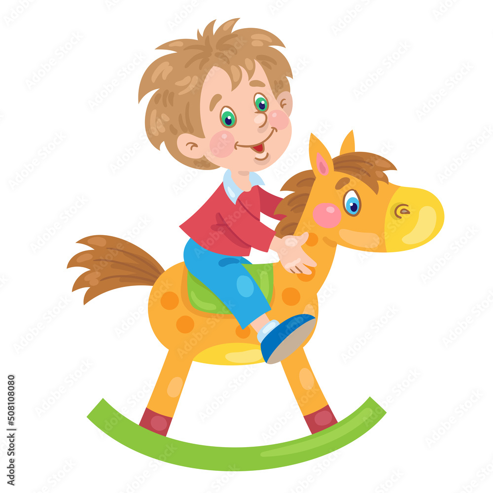 Canvas Prints Funny little boy on a wooden rocking horse. In cartoon style. Isolated on white background. Vector flat illustration.