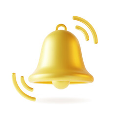 3d Gold Notification Bell Icon Plasticine Cartoon Style Social Media Concept. Vector illustration of Golden Alert Bell