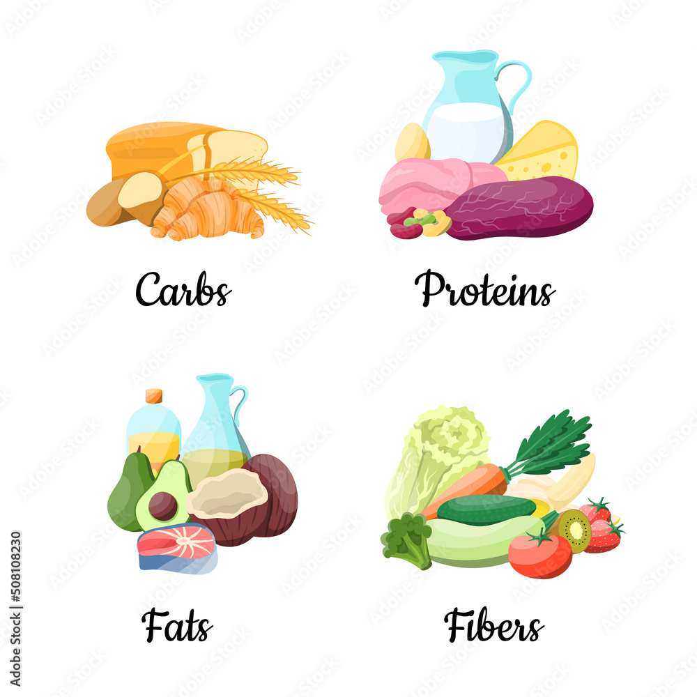 Poster Cartoon Color Macronutrients Educational Diet Icons Set Concept Flat Design Style Include of Fats and Proteins. Vector illustration