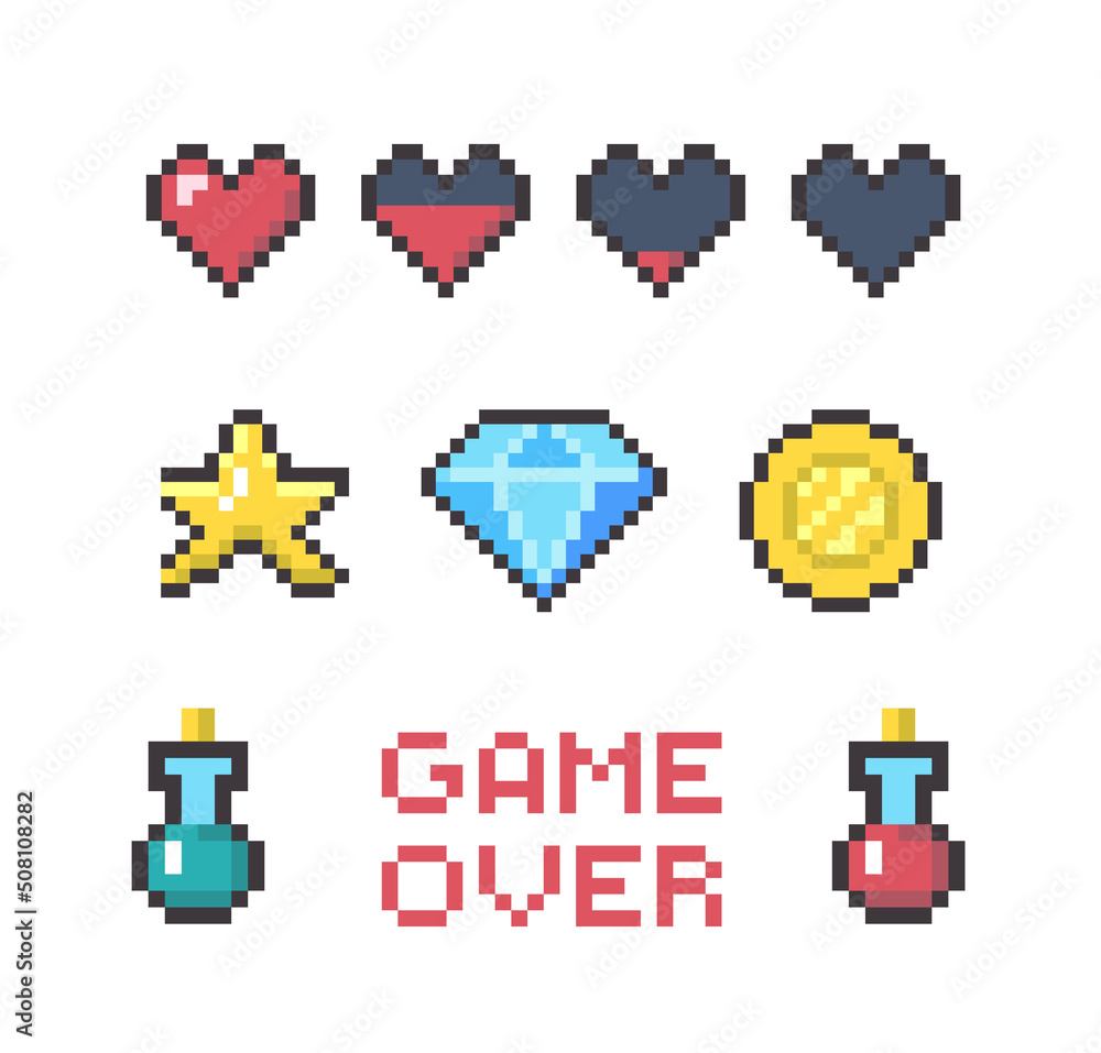 Poster cartoon color pixel game ui button icon set flat design style concept include of star, heart and coi