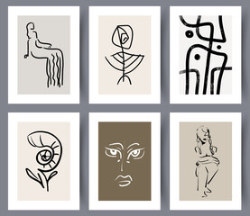 Set of hand drawn printable scandinavian design artworks for indoors decoration. Collection of posters or banners for print in Nordic style. Abstract, woman silhouette. Vector illustration. 