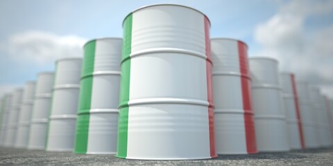 Barrels or oil drums with flag of Italy. Petroleum or chemical industry related 3D rendering