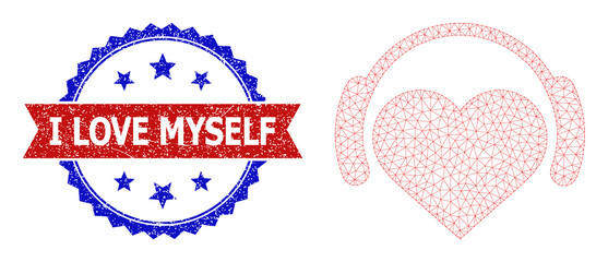 Mesh net lovely music polygonal framework illustration, and bicolor rubber I Love Myself seal. Red stamp seal has I Love Myself caption inside ribbon and blue rosette.