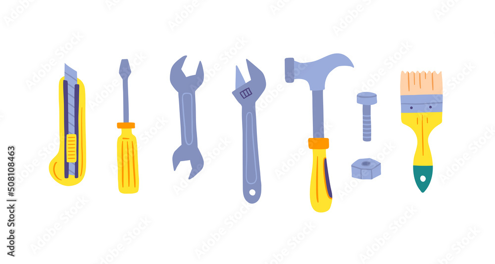 Poster cartoon color various working tool icon set include of wrench, screwdriver and pliers in a row flat 
