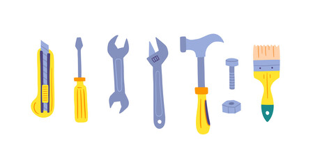 Cartoon Color Various Working Tool Icon Set Include of Wrench, Screwdriver and Pliers in a Row Flat Design Style Concept. Vector illustration