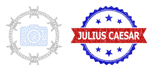 Net photo arrest polygonal framework icon, and bicolor unclean Julius Caesar stamp. Red stamp seal contains Julius Caesar title inside ribbon and blue rosette.