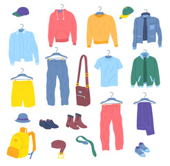 Cartoon Color Male Clothes Hanging Men Capsule Wardrobe Concept Flat Design Style. Vector illustration