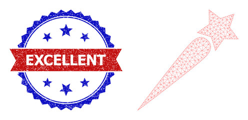 Net startup star polygonal wireframe icon, and bicolor grunge Excellent seal stamp. Red stamp includes Excellent title inside ribbon and blue rosette. Vector frame polygonal net startup star icon.