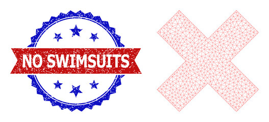 Net mesh x-cross delete polygonal framework icon, and bicolor unclean No Swimsuits seal stamp. Red stamp includes No Swimsuits title inside ribbon and blue rosette.