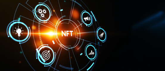NFT Non-fungible token digital crypto  on virtual screen. 3d illustration - obrazy, fototapety, plakaty