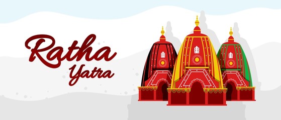 Ratha yatra festival A chariot with wooden deities of Jagannath, Baladeva and Subhadra. Holiday banner greeting card Vector illustration