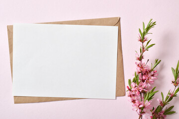 The close-up layout consists of a kraft envelope with blank paper and a delicate sprig of pink flowers on a pastel pink background.