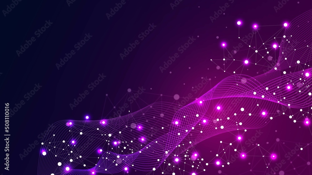 Poster neon background frame. wave connection design. texture of plexus particles, lines, circles, dots. op