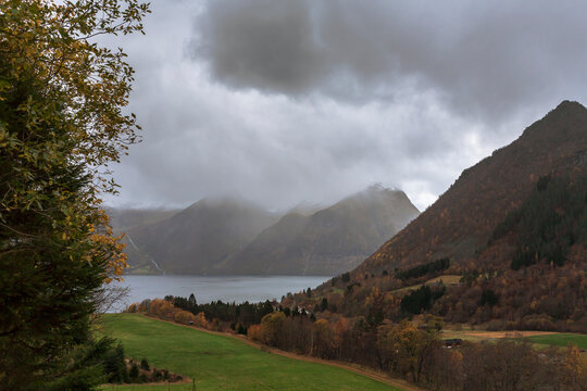 A threatening stormy sky over Urkedalen and Norangsfjorden, M&oslash;re og Romsdal, Norway