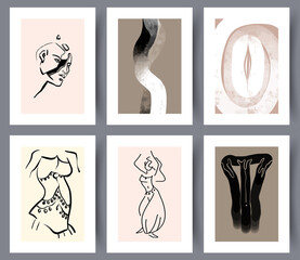 Set of modern simple neutral artworks for print in Scandinavian design. Collection of abstract printable art wall decorations. Vector illustration. 