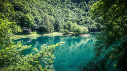 Emerald green pond of Bethmale in Ariege Pyrenees France