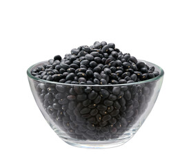 black beans in a clear glass bowl isolated on white background.