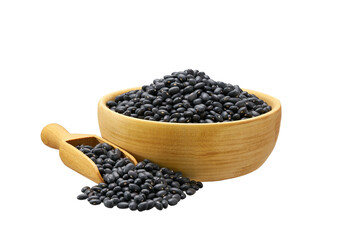 black beans in wooden scoop and bowl isolated on white background.