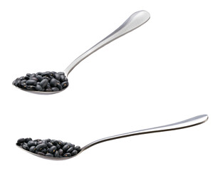 black beans in a metal spoon isolated on white background.