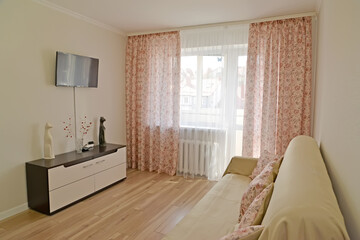 Fototapeta na wymiar Living room with a pedestal and sofa. Modern interior