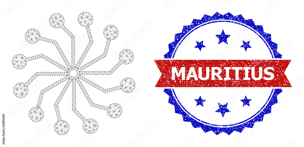 Poster mesh net radial circuit links polygonal framework icon, and bicolor unclean mauritius seal stamp. re