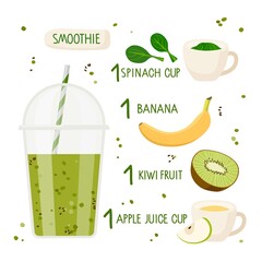 Green kiwi banana smoothie recipe. Plastic takeaway cup with smoothie and ingredients with inscriptions. Flat cartoon vector illustration For cafe menu, store. Organic shake recipe, Green smoothie