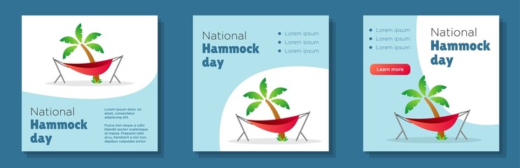 Hanging bed social media post, banner set, national hammock day 2022 advertisement concept, 22 July celebration content marketing square ad, abstract print, isolated on background