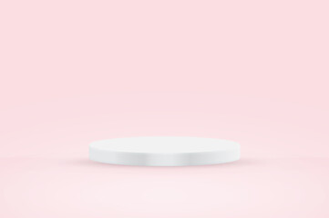 Round white stage podium illuminated with light on pink background. Vector for product presentation