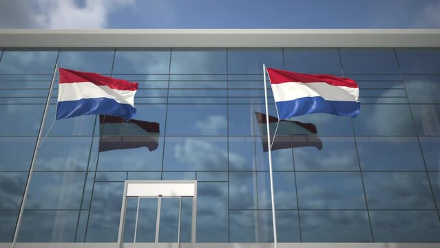 Waving flags of the Netherlands in the airport and taking off airplane. 3D animation