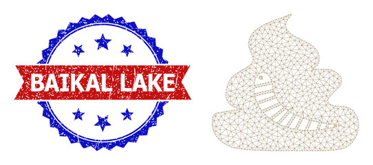 Mesh net shit worm polygonal model illustration, and bicolor scratched Baikal Lake seal stamp. Red stamp seal includes Baikal Lake title inside ribbon and blue rosette.