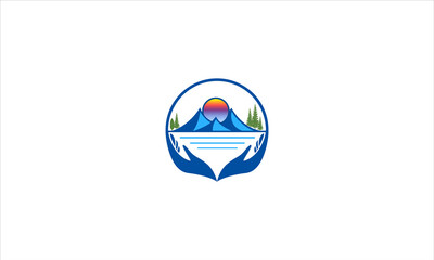 Mountain logo. Mountain peak and sun, river natural landscape vector