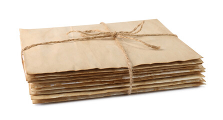 Stack of old letters wrapped with twine on white background